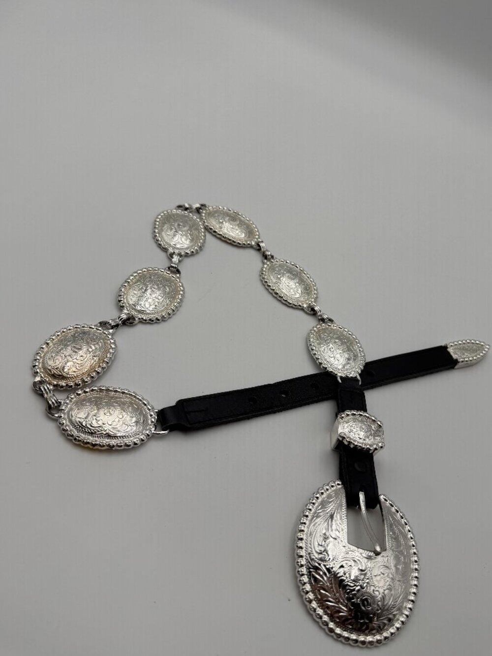 Tony Lama Black Leather Belt with Engraved Silver Conchos